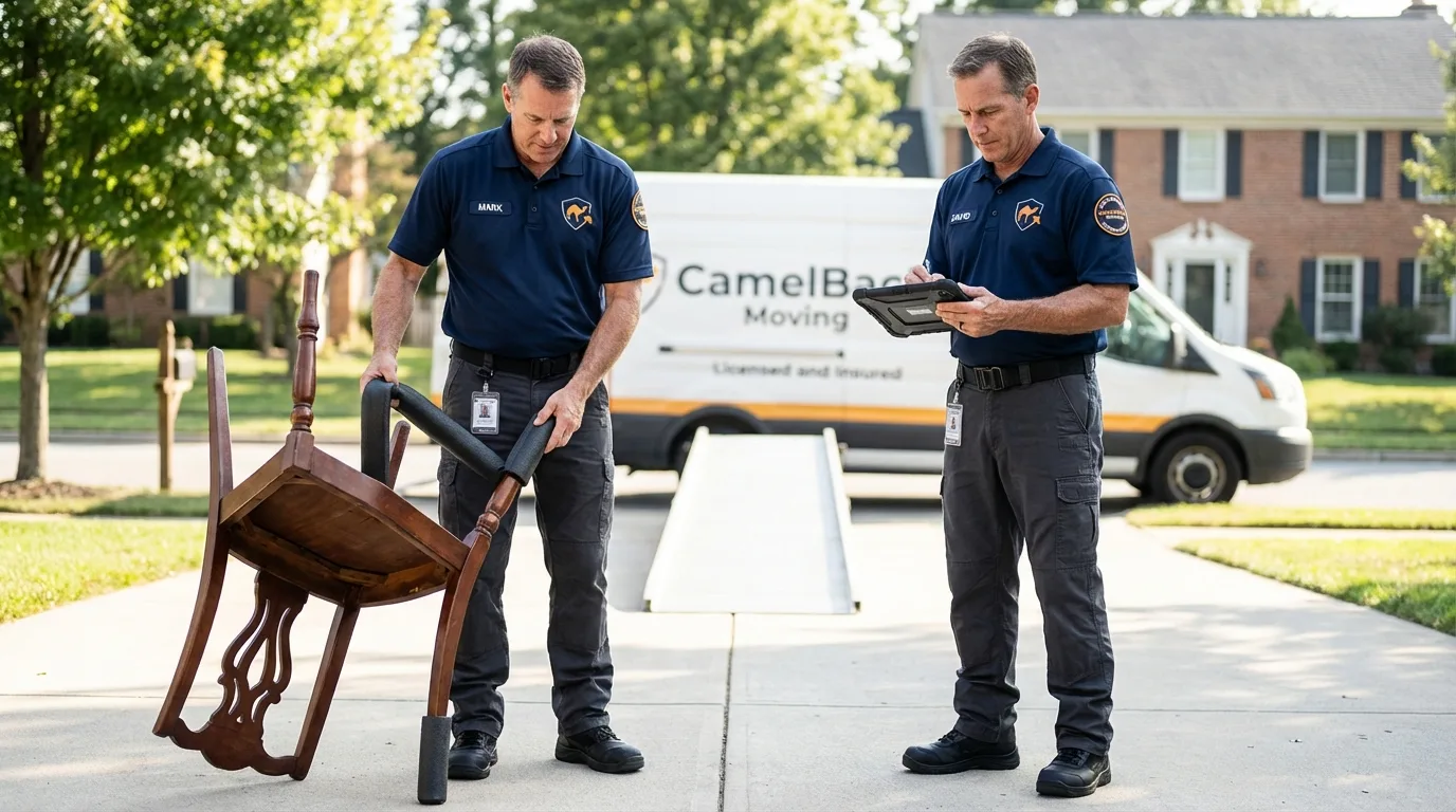 Movers inspecting furniture for damage prevention before loading in Tieton, WA