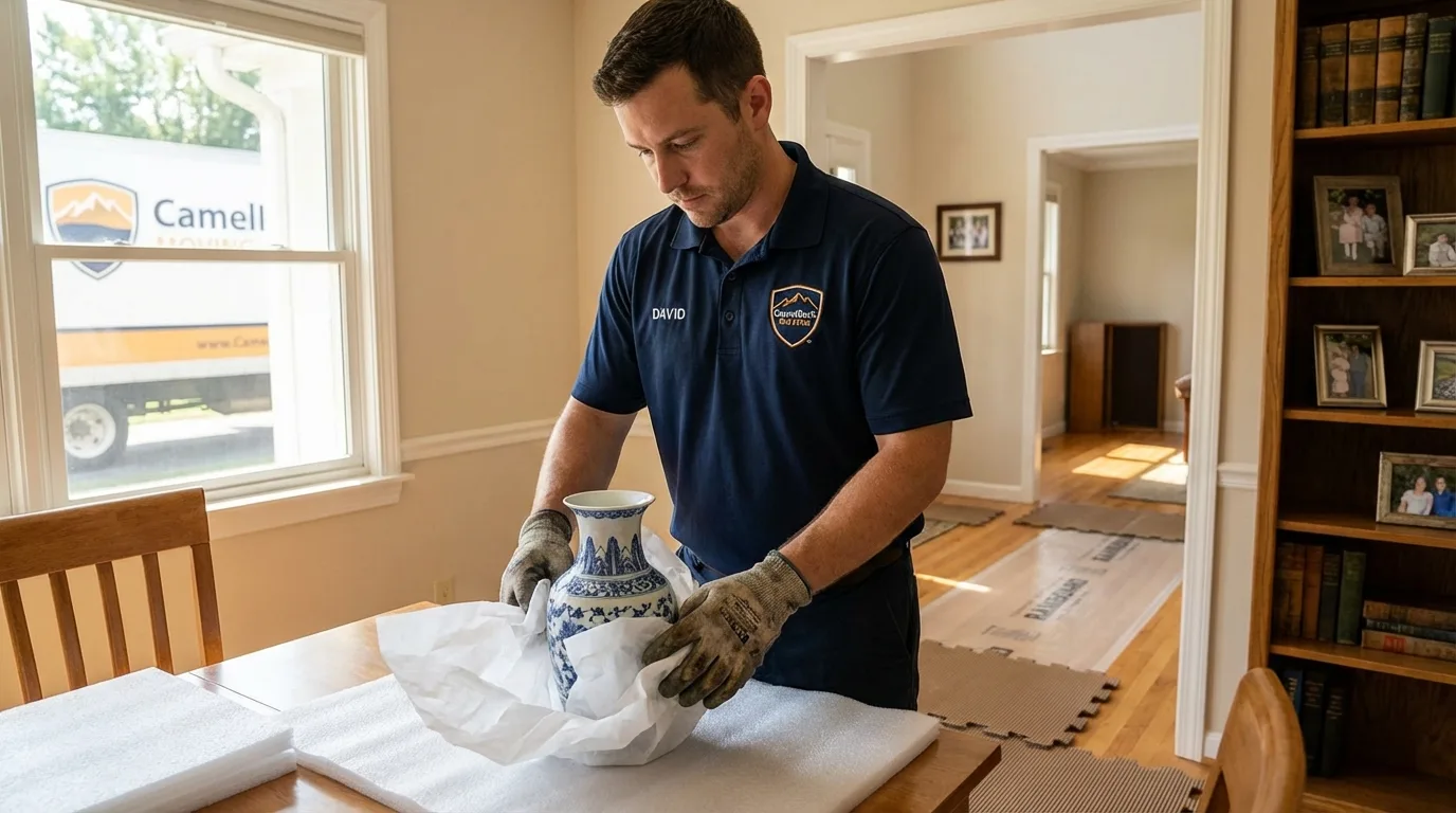 Professional crew carefully wrapping antique vase for senior downsizing move in Tieton, WA